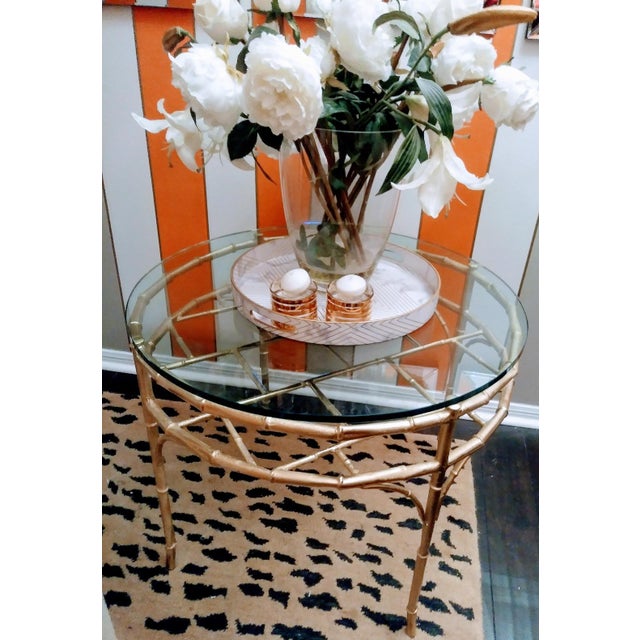 Gold Faux Bamboo Vintage Palm Beach Regency Round Chippendale Coffee