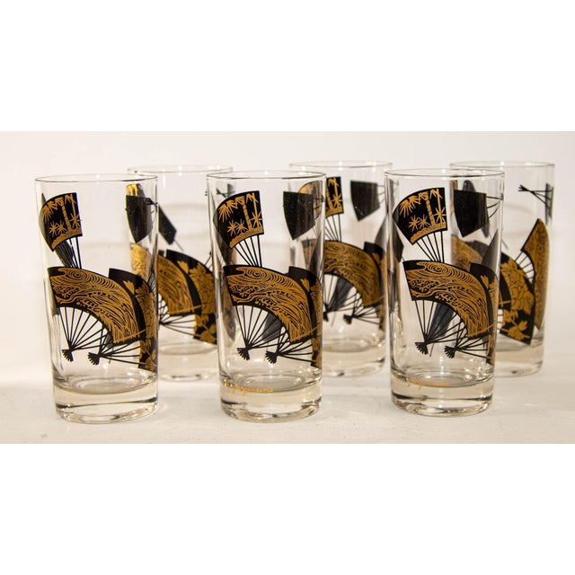 Set of Six Jules Jurgensen Black & Gold Highball Glasses in Faux Bamboo Carrier For Sale - Image 10 of 18