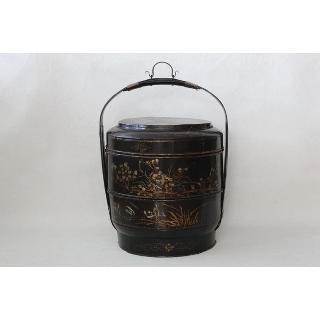 Vintage Chinoiserie Early 20th Century Large Painted Black Gold Bamboo Wood Wedding Basket For Sale - Image 12 of 12