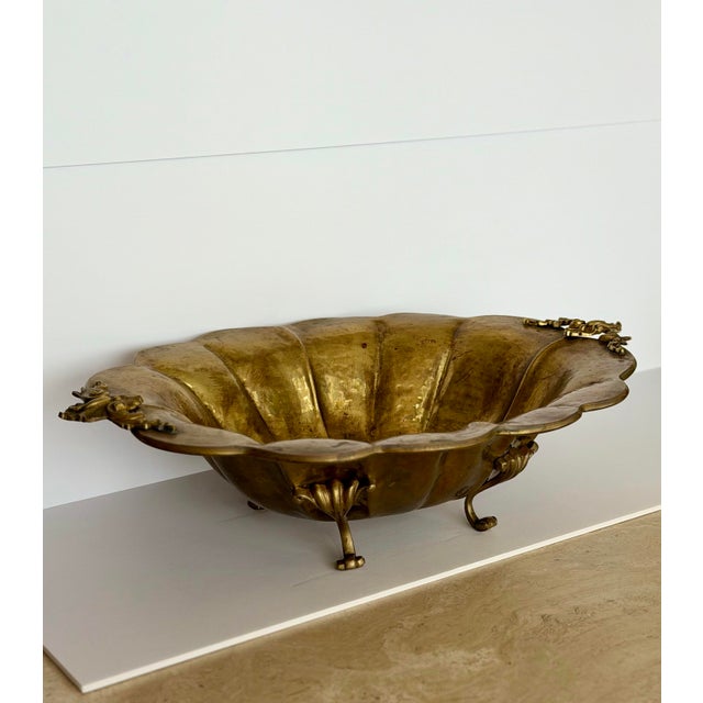 Mid-20th Century Large Scalloped & Floral Handles Brass Centerpiece Bowl For Sale - Image 10 of 10