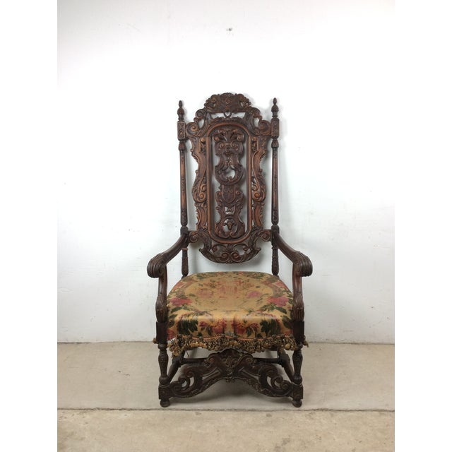 Antique Baroque Style High Back Throne Chair With Carved Wood Detail and Upholstered Seat For Sale - Image 16 of 16