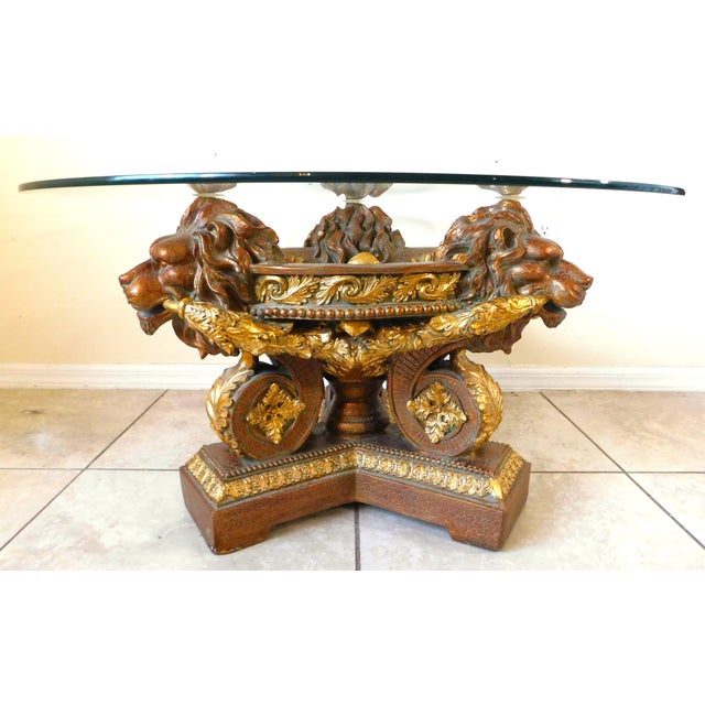 Vintage Gold Ornate Sculptural Lion Head Round Glass Top Coffee Table For Sale In West Palm - Image 6 of 14