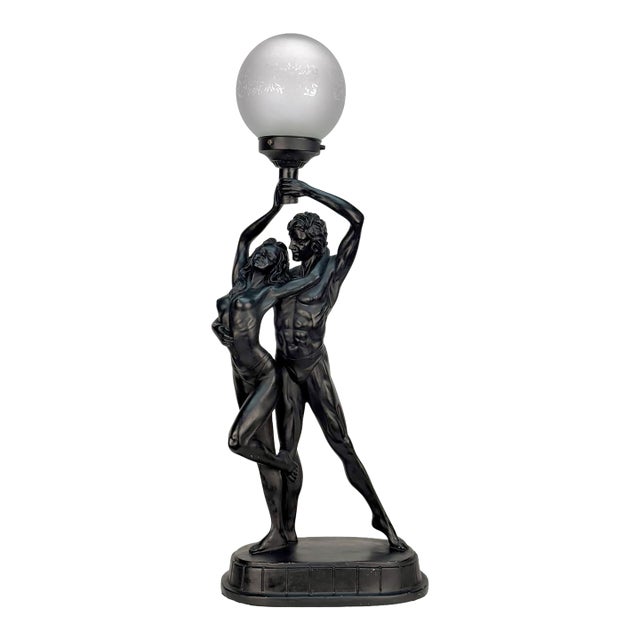 Vintage Art Deco Nude Women & Man Romance Figural Table Lamp For Sale