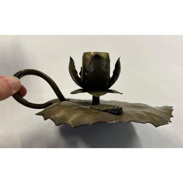 Metal Early 20th Century Japanese Mission Arts & Crafts Aesthetic Movement Brass Lily Pad Candle Holder For Sale - Image 7 of 13