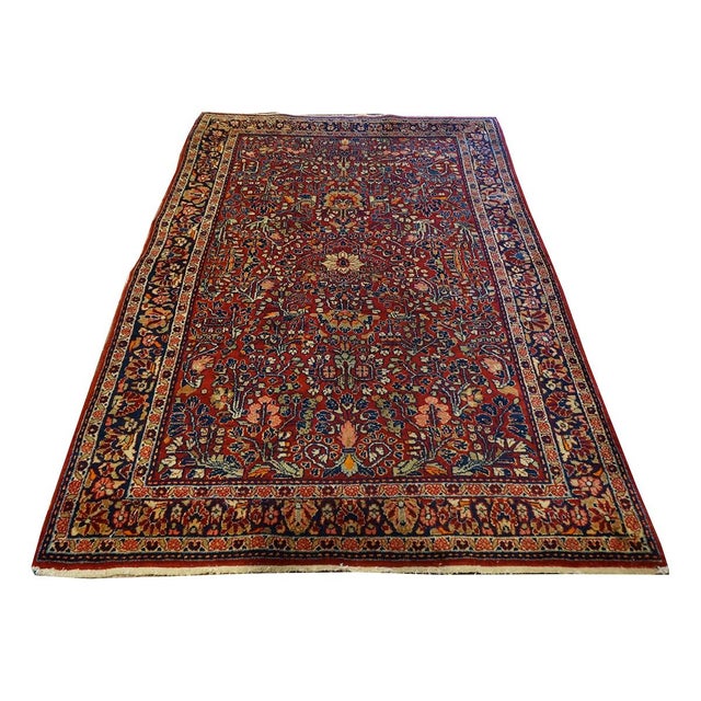 Antique Persian Sarouk Wool 4X6 Red, Blue & Ivory Handmade Area Rug #9900111