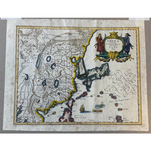 Antique White c.1650's Antique Hand Colored Map of China - Framed For Sale - Image 8 of 9