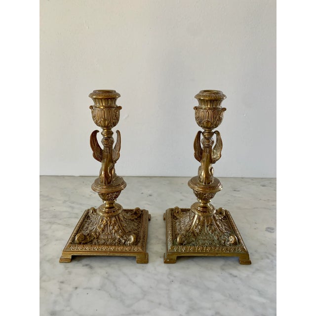 Neoclassical 19th-Century Egyptian Revival Gilt Bronze Sphinx Candlesticks, Pair For Sale - Image 3 of 13