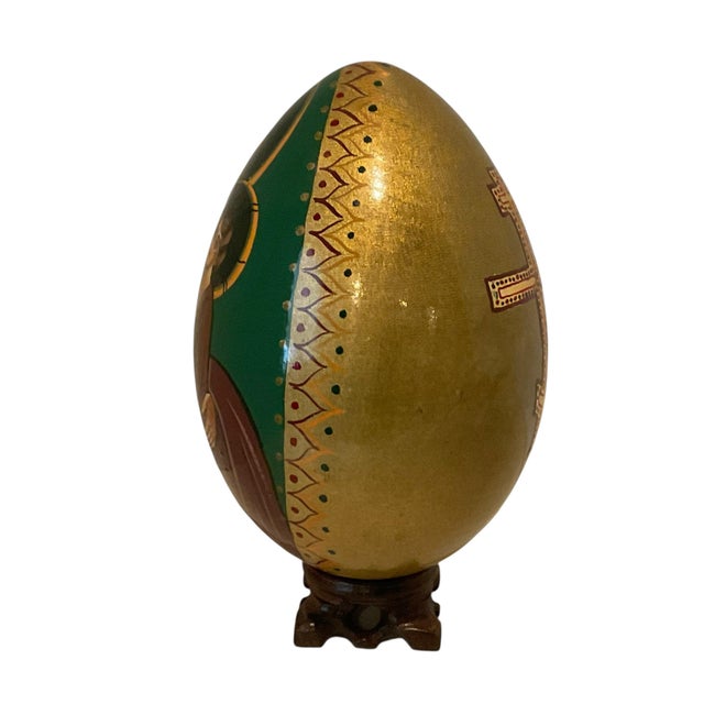 Hand Painted Lacquered Wood Egg of Mother of God Virgin Mary & Jesus on Stand For Sale - Image 6 of 13