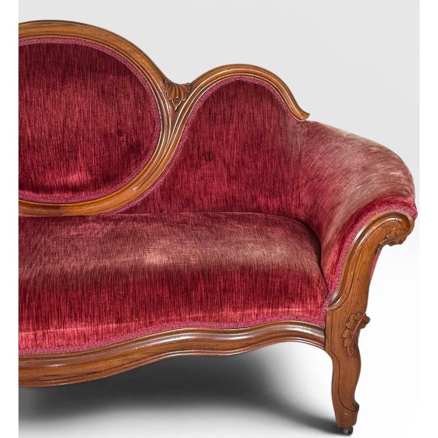 Mid 19th Century Antique Victorian Carved Walnut Triple Back Cranberry Velvet Settee For Sale - Image 5 of 18