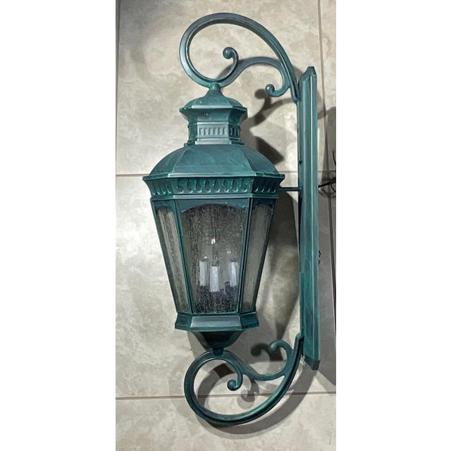 Monumental Coach Style Brass & Bronze Wall Lantern With Verdigris Finish . For Sale - Image 12 of 15