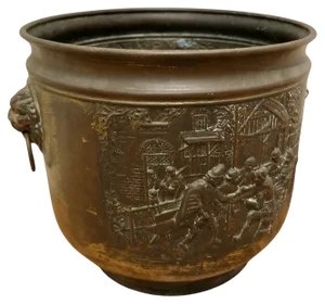 Arts and Crafts Brass Coal Bin with Tavern Scenes, 1900s