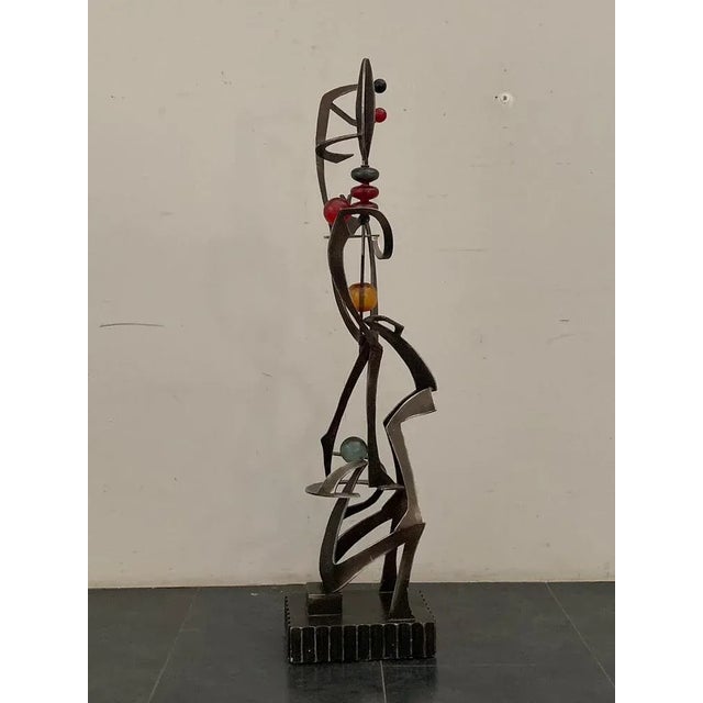 Modern Unknown Artist, Futuristic Juggler Sculpture, Wrought Iron and Colored Resin For Sale - Image 3 of 12
