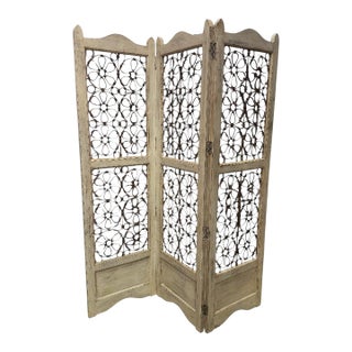 A Vintage Distressed White Three-Panel Asian Folding Screen With Floral Metal Inserts. For Sale