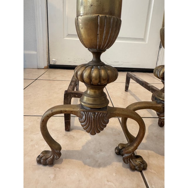 Antique Solid Brass Fireplace Andirons/ Firedogs Pair (2) For Sale - Image 4 of 12