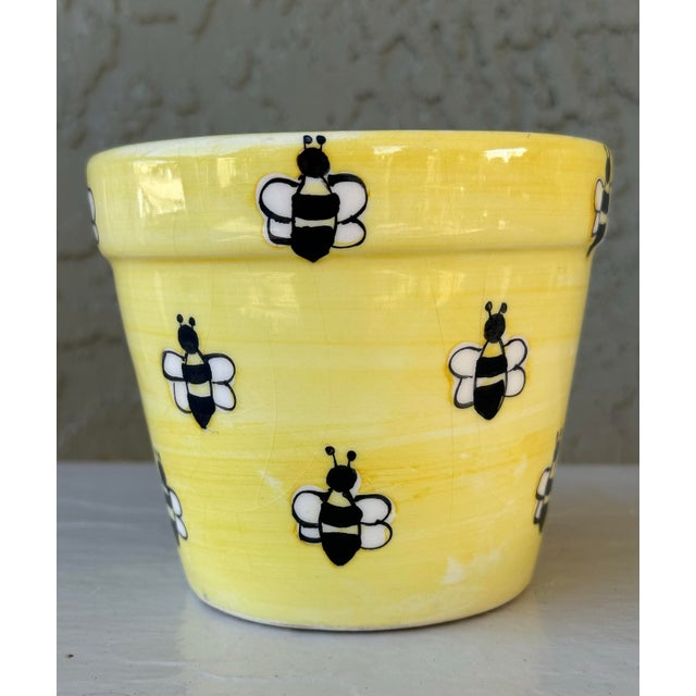 Vintage Mid 20th Century Yellow Hand Painted Bees Ceramic Flower Pot For Sale - Image 4 of 12