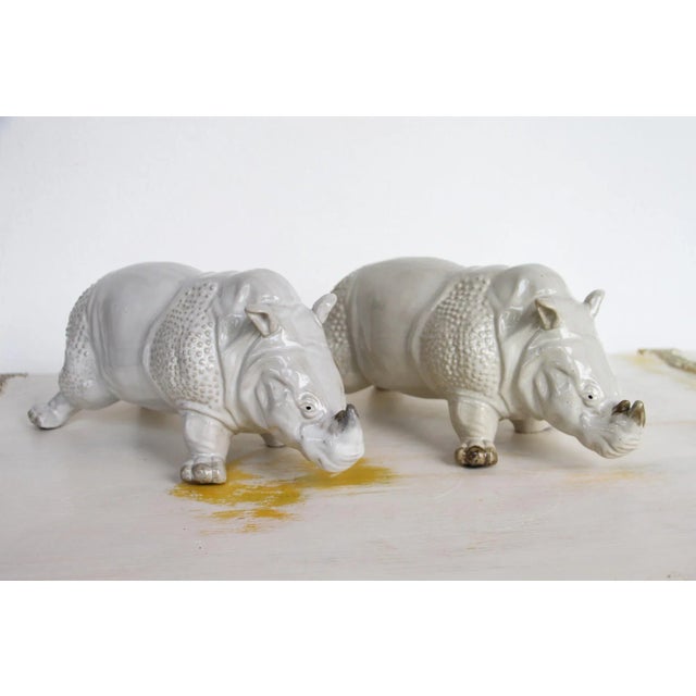 French Glazed Earthenware Rhinoceros Figurines - a Pair For Sale - Image 13 of 13