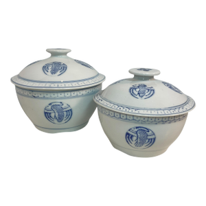 Mid 20th Century Chinese Blue and White Ceramic Phoenix Rice Serving Jar With Lid - Set of 2