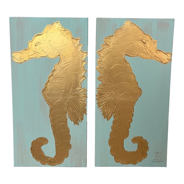 Twin Seahorses in Turquoise Blue, Original Paintings Designed by Cheryl P. Kohloff - Set of 2 For Sale