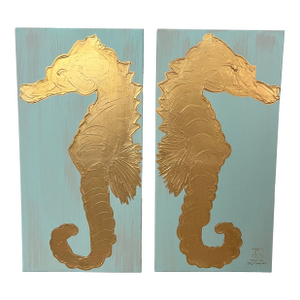 Twin Seahorses in Turquoise Blue, Original Paintings Designed by Cheryl P. Kohloff - Set of 2