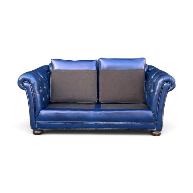 Vintage Chesterfield Navy Blue Tufted Leather Loveseat W/ Brass Trim For Sale - Image 10 of 16