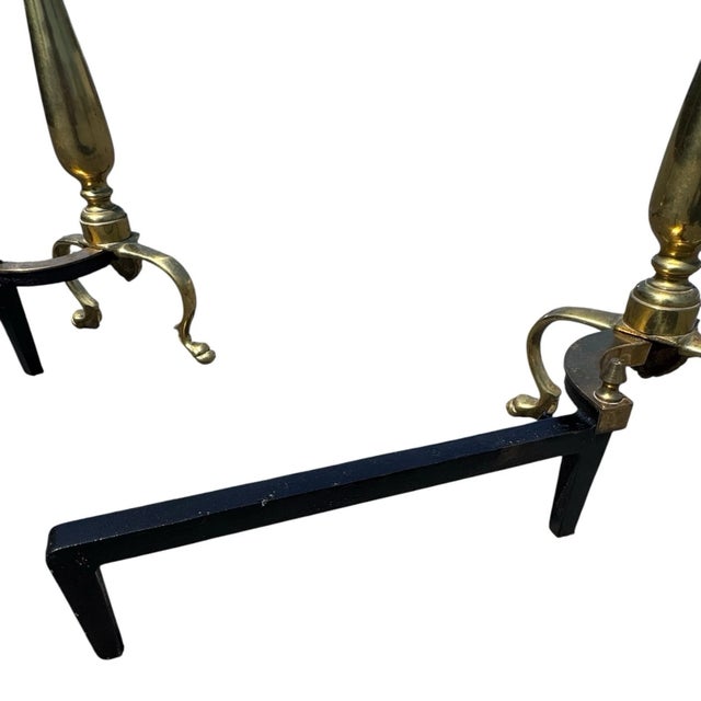 Antique 1920s Brass Fireplace Andirons Pair Refurbished Colonial Hearth Decor For Sale - Image 13 of 18