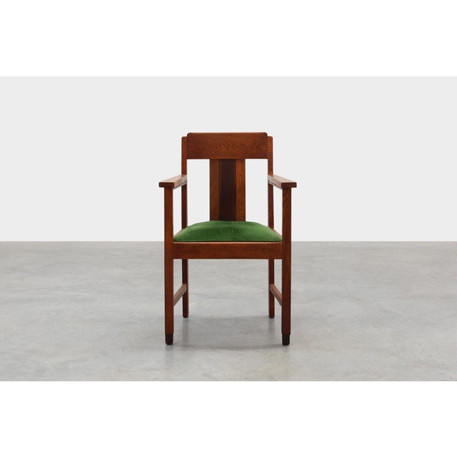 Amsterdamse School Oak and Velvet Side Chair, the Netherlands, 1920s For Sale - Image 4 of 15