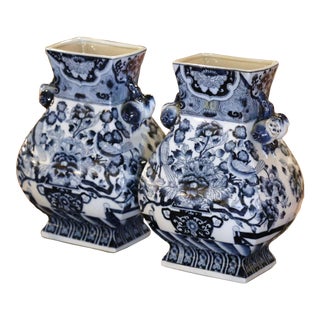 Pair of Late 20th Century Chinese Hand Painted Blue & White Porcelain Vases on Stands For Sale