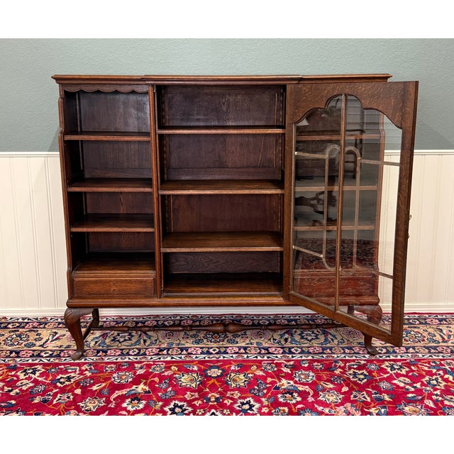 Antique English Bookcase Bookshelf Cabinet Glass Oak Queen Anne Legs 1920s-30s For Sale - Image 9 of 18