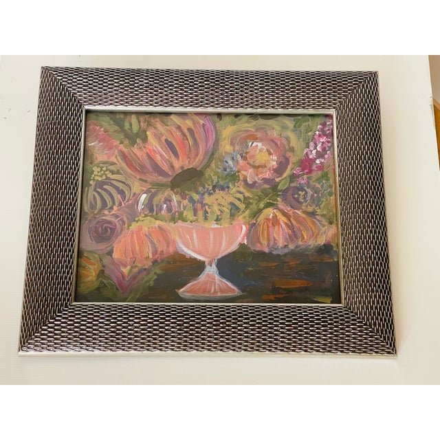 Beautiful abstract floral still life bouquet in vase mixed media- acrylic on paper by Mariana Shulga. Framed in wide...