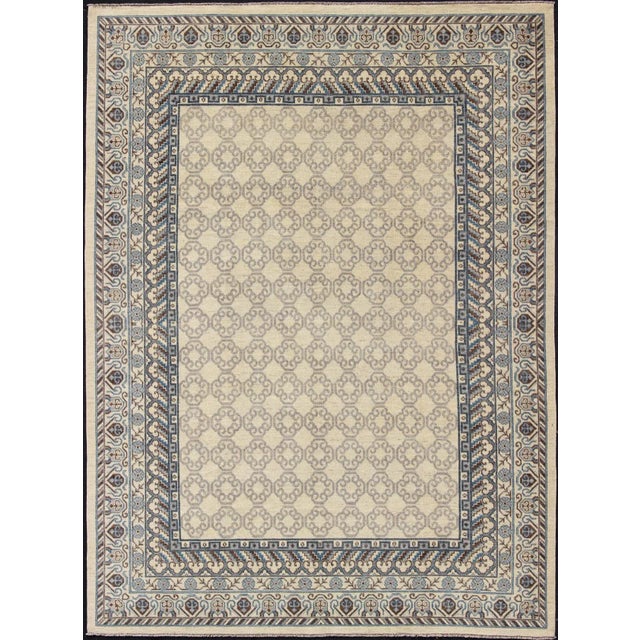 Contemporary Khotan With Geometric Design in Blue, Brown & Cream Colors 9'8 X 12'11 For Sale - Image 13 of 13