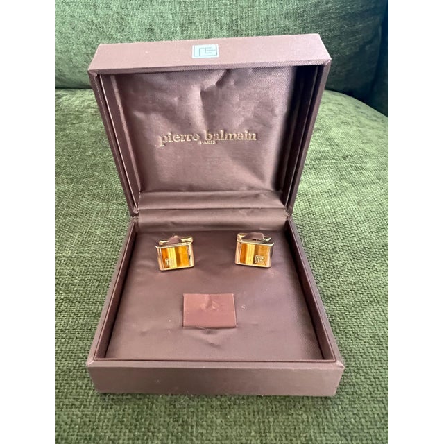 Art Deco Vintage Balmain "Circa 1980s" Tiger Eye Cufflinks Original Purple Satin Case For Sale - Image 3 of 18