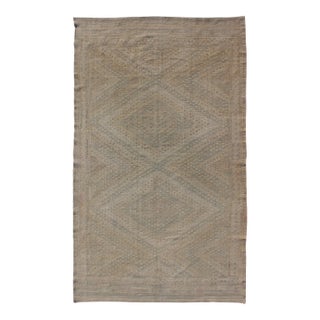 Tan and Light Blue Vintage Turkish Kilim Embroidered Rug With Geometric Diamond Design For Sale
