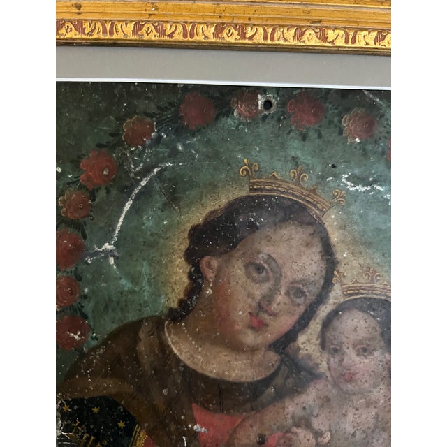 Spanish 19th Century Virgin Mary and Christ Child Retablo, Oil on Tin For Sale - Image 3 of 13