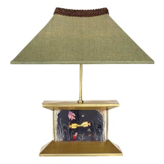 Mid-Century Brass Aquarium Light Up Lamp With Shade For Sale