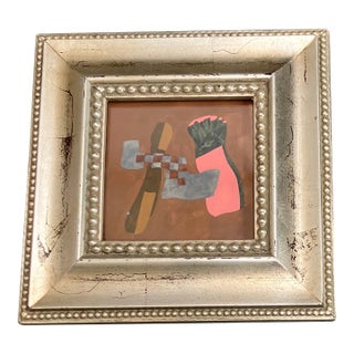 1950’s Original Abstract Small Painting Vintage Distressed Tabletop Frame For Sale