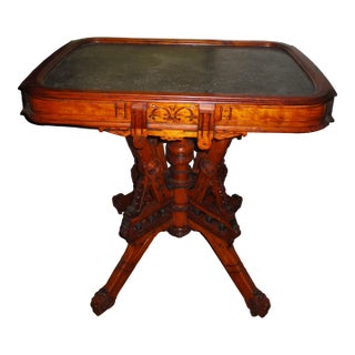 Antique Victorian Cherry Wood Ornate Black Inset Marble Top Parlor Table For Sale