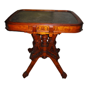 Antique Victorian Cherry Wood Ornate Black Inset Marble Top Parlor Table