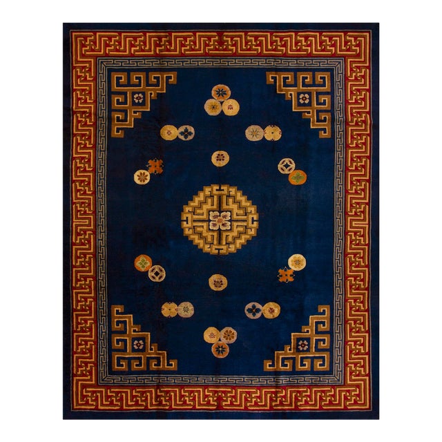 1920s Navy Blue Medallion Greek Key Antique Chinese Art Deco Carpet 9' 2''x 12' Knotted Wool Rug For Sale