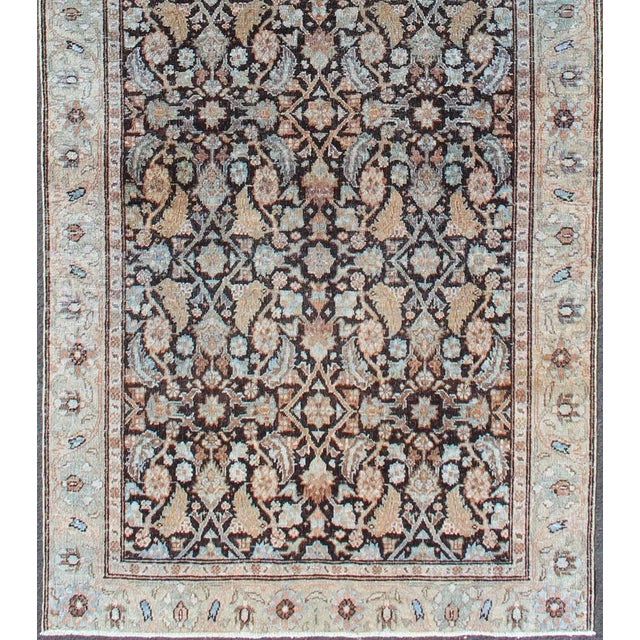Tribal Multi Color Antique Persian Tabriz Runner With Herati Design in Black Background 3'3 X 9'3 For Sale - Image 3 of 10