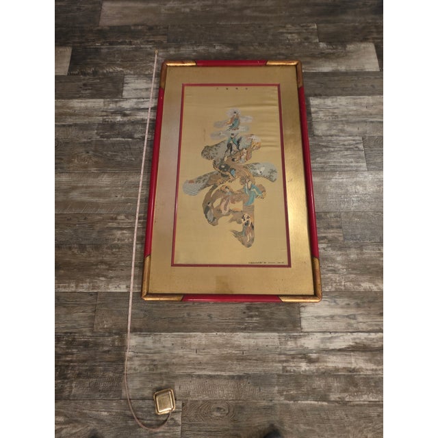Old Asia Antique Tapestry Scroll on Silk Eight Immortals Framed Framed Vintage 1970s Dujinsheng Silk "Longevity" Hangzhou...