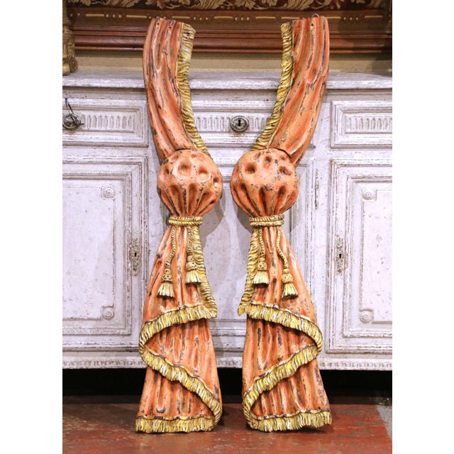 Late 19th Century Pair of 19th Century French Carved and Painted Wall Curtain Tieback Sculptures For Sale - Image 5 of 7