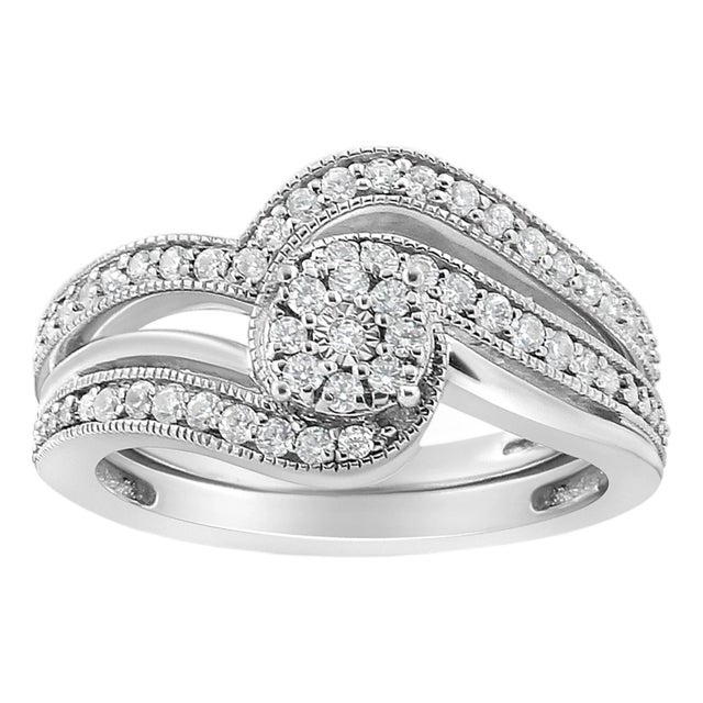 .925 Sterling Silver 1/3ct Cttw Multi-Diamond Bypass Vintage-Style Bridal Set Ring and Band (I-J Color, I3 Clarity) - Size 5 For Sale