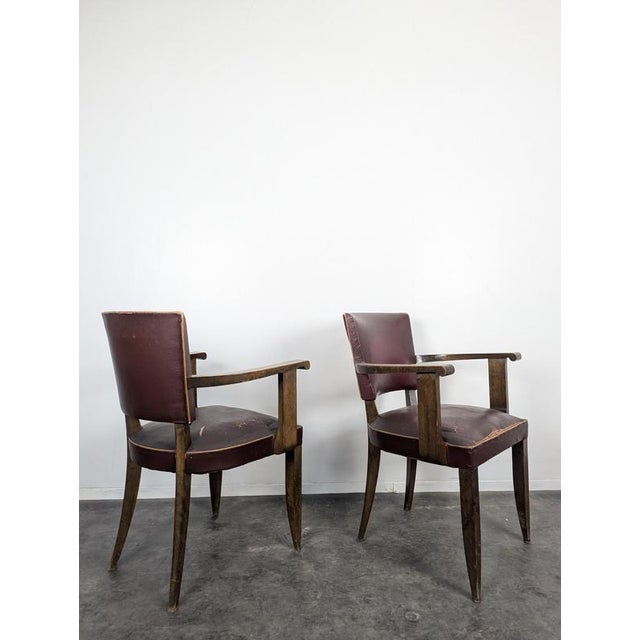 Bridge Chairs in Oak and Burgundy Imitation Leather, 1940s, Set of 2 For Sale - Image 3 of 8