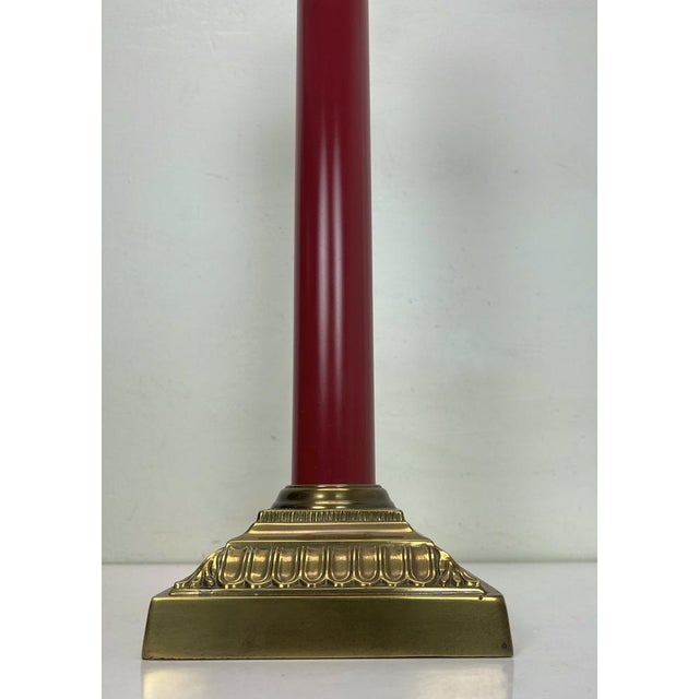 Metal Large Brass and Red Lacqued Corinthian Column Table Lamp, 1970s For Sale - Image 7 of 14