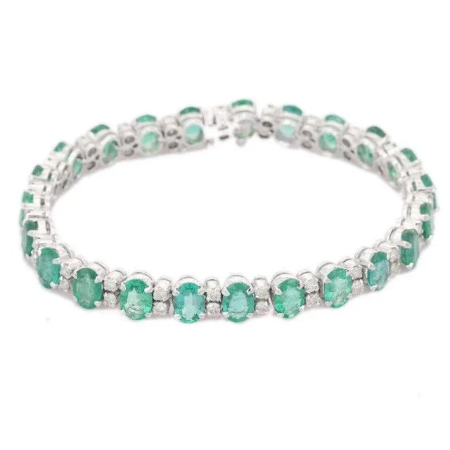 Not Yet Made - Made To Order 16.07ct Light Green Emerald Diamond Contemporary Bracelet in 14k Solid Gold For Sale - Image 5 of 11