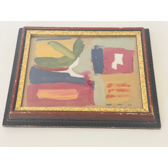 Original abstract art painting acrylic on brown paper, signed and framed in antique slightly distressed frame.