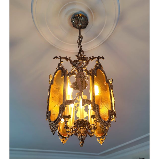 1960s Art Nouveau Brass Venus Pendant Light With Amber Glass For Sale - Image 10 of 14