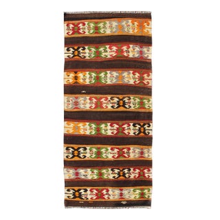 Brilliant Vintage Kilim Rug With Colorful Tribal Stripes on Charcoal Background For Sale