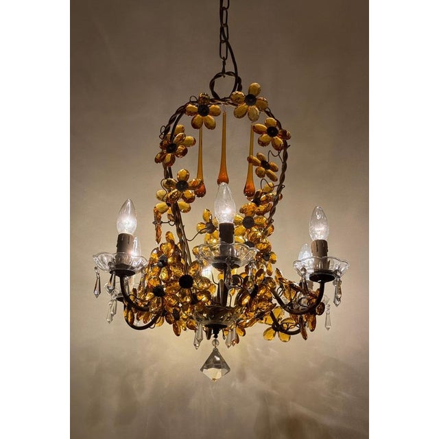 Flower Basket Chandelier with Amber Color Crystals, 1950s For Sale - Image 16 of 18