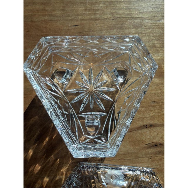 Vintage Heavy Pressed Crystal Glass Triangle Candy Dish with Lid and Finial Top For Sale In Los Angeles - Image 6 of 8
